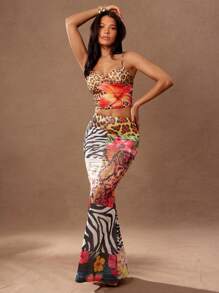 Hauture Summer Fashionable Animal Print & Tropical Pattern Patchwork Fitted Mermaid Skirt - Multicolor - View 1