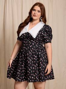 SHEIN MOD Abito con stampa a fiori piccoli, colletto alla coreana e maniche a gigot, adatto per il Giorno della Madre, 4 luglio, laurea, abito da sera, abito casual estivo, abito elegante estivo, abito da donna taglie comode, abito da donna casual estivo, abito corto estivo da donna, adatto anche per Ognissanti e compleanni