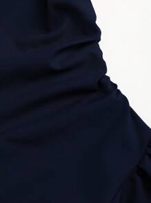 Sweetra Vestido camisero ajustado de mujer en color liso y fruncido - Azul Marino - Ver 4