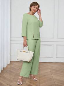 Miaspire Women's Casual Commuting Solid Color Shirt And Pants 2 Pieces Set