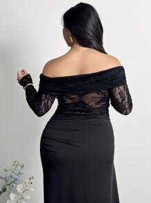 Firerie Plus Size Women's Spring/Summer Casual Elegant Holiday Romantic Travel Beach Lace Splicing Off-Shoulder Textured Mesh Sheer Ruched Sexy Minimalist Fashionable Bodycon Long Sleeve Dress, Slimming, Ins Style - Black - View 3