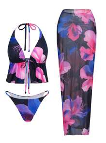 SHEIN Swim Top de bikini de tirantes finos con estampado grande aleatorio y cierre de lazo, pantalones cortos triangulares a juego y pareo de malla con estampado floral como cubrebikini, conjunto de bikini sexy