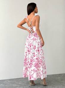PETITE Vestido largo de mujer con aberturas altas laterales, tirantes con volantes, con fondo blanco y flores azules para vacaciones - Rosa - Ver 3