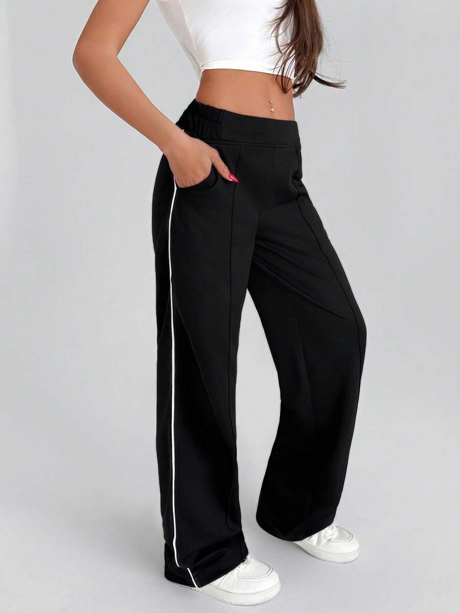 EURMUSE Women Solid Color White Striped Detailed Wide Leg Pants - Black and White - View 1