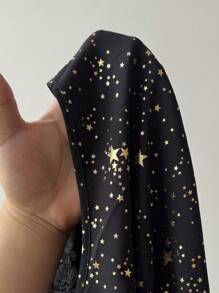 Celure 法式优雅 V 领短袖金属星印花拼布花卉荷叶边下摆派对礼服、鸡尾酒会礼服、约会礼服 - 黑色 - 查看 5