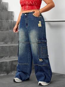 SHEIN ICON Plus Size Simple Fashion Denim Jeans, Suitable For Summer - Blue - View 6