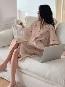 DAZY 女士超大熊猫印花宽松绉纱面料睡裙睡衣，哞哞睡裙 - 淺粉色 - 查看 5