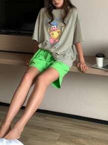 DAZY Tricou cu imprimeu de desene animate și pantaloni largi de pijama 2 buc. Costum de pijamă pentru femei