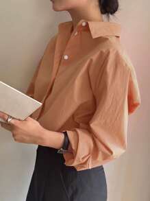 DAZY Women's Solid Color Long Sleeve Single Breasted Casual/Office Shirt - Coral Orange - View 3