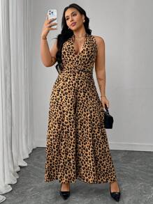 Flirla Plus Size Women's Spring/Summer French Chic Elegant Casual Holiday/Commute Leopard Print Halter Tie-Back Circular Resin Button Front Jumpsuit - Multicolor - View 1