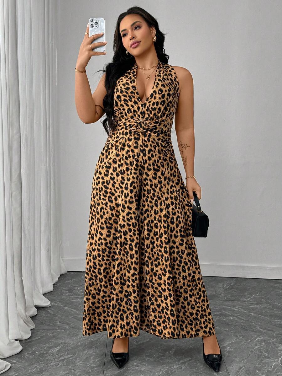 Flirla Plus Size Women's Spring/Summer French Chic Elegant Casual Holiday/Commute Leopard Print Halter Tie-Back Circular Resin Button Front Jumpsuit - Multicolor - View 1