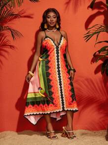 Slaydiva 大码女式无袖 V 领不对称下摆彩色几何印花细肩带连衣裙，休闲度假装 - 彩色 - 查看 6