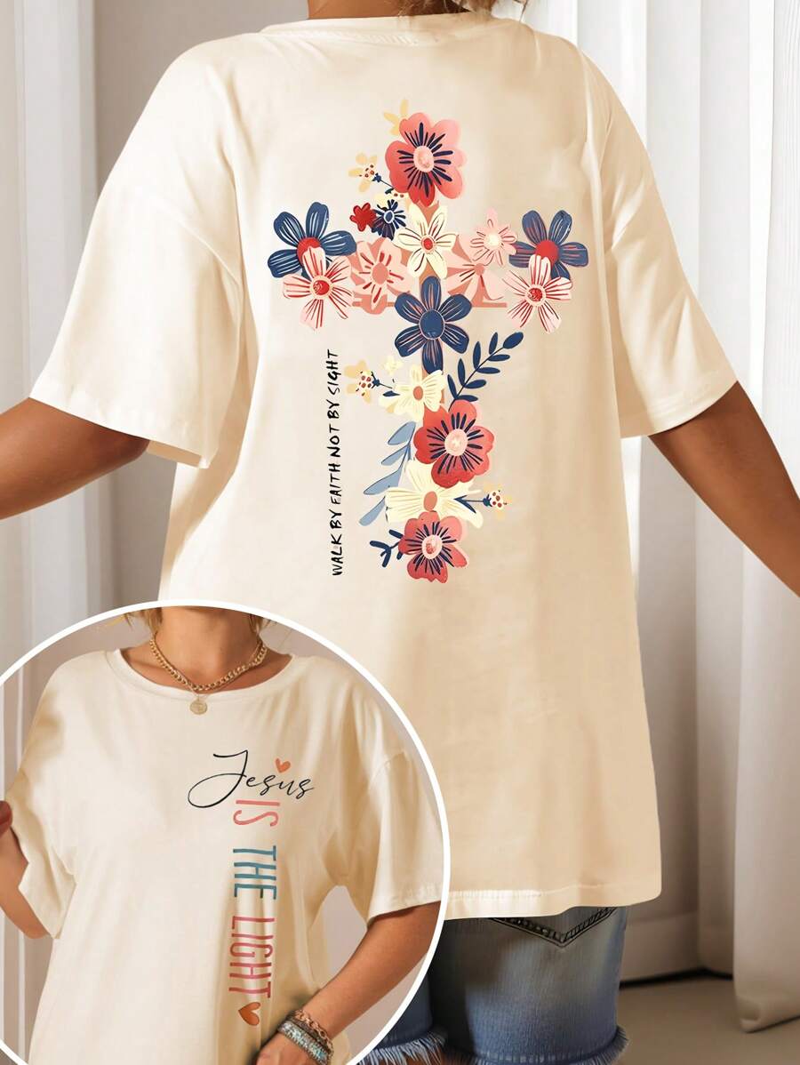 Calvaya Camiseta de moda de manga corta con cuello redondo, estampado floral y letra, talla grande - Albaricoque - Ver 1