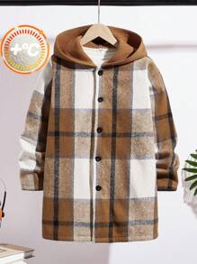 Karierte, gefütterte Kapuzenjacke für Tween Jungen, geeignet für den Weg zur Arbeit, die Schule, den Alltag, den College-Stil, Sport, Herbst und Winter