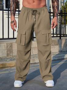 Manfinity Homme Loose Fit Men's Flap Pocket Side Cargo Pants - Khaki - View 4