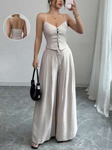 Selianne 优雅卡其色吊带背心和松紧腰阔腿裤套装，女士春夏 - 灰色 - 查看 1