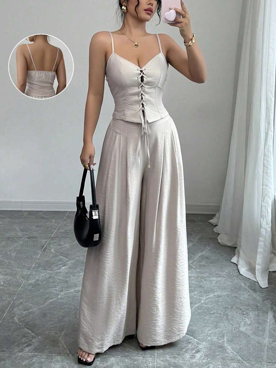 Selianne 优雅卡其色吊带背心和松紧腰阔腿裤套装，女士春夏 - 灰色 - 查看 1