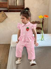 SHEIN LMoss Kids Babygir Thời trang giản dị L mùa hè dễ thương kẻ sọc mũ tay áo quần phù hợp - Hồng - Xem 1