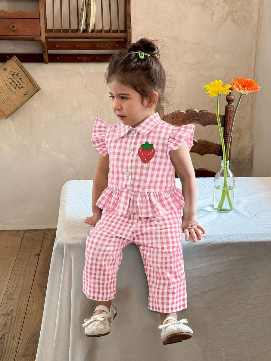 SHEIN LMoss Kids Babygir Thời trang giản dị L mùa hè dễ thương kẻ sọc mũ tay áo quần phù hợp - Hồng - Xem 1