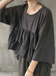 FRIFUL Women's Ruffle Trim Oversized T-Shirt, Summer Casual Wear - Grey - View 1