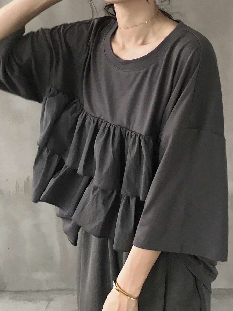 FRIFUL Women's Ruffle Trim Oversized T-Shirt, Summer Casual Wear - Grey - View 1