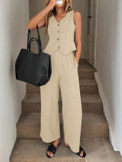 Easowa 2 件套女式春夏蓝色背心马甲和裤子（带口袋）套装