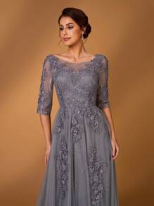Serin Summer Romantic And Elegant Gray Lace Splicing Mesh Luxury Applique Embroidery Design Round Neck Three-Quarter Sleeves A-Line Hem Suitable For Dinner Date Dance Bachelorette Party Holiday Music Festival Wedding Event Bride Mother Dress
