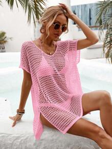 SHEIN Swim Vcay 纯色镂空针织罩衫连衣裙，适合海滩和度假 - 粉色 - 查看 4