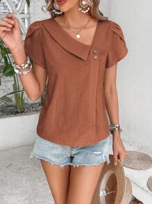 EMERY ROSE Asymmetrical Collar Solid Color Short Sleeve Casual Vacation Shirt - Brown - View 3