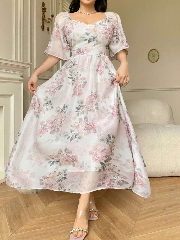 New Summer Elegant Waist Cinched Ditsy Floral Mid-Length Dress For Ladies Easter