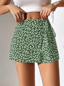 SHEIN PETITE Ditsy Blume Muster Knoten Seitlicher Wickelsaum Sommer Rock-Shorts - Olivgrün - Übersicht 3