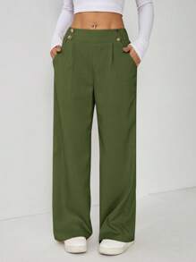 SHEIN PETITE Quần công sở thẳng cài hai nút thanh lịch cho nữ - xanh quân đội - Xem 4