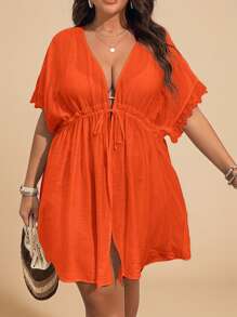 SHEIN VCAY Plus Drawstring Waist Batwing Sleeve Contrast Lace Split Hem Beach Kimono,Country Concert - Orange - View 1