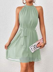 Firerie Damen einfarbiges plissiertes kurzes Trägerkleid, lässiger Urlaubsstil