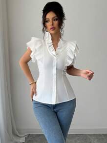 Elenzga Blusa elegante da donna, adatta per il pendolarismo, tempo libero e vacanze, con maniche a volant, colletto a volant, vita arricciata e scollo a V, in tinta unita