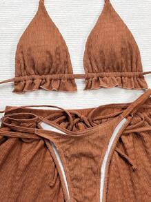 Swim SXY Women Summer Vacation Textured Halter Bikini Set And Shorts - Rust Brown - View 4