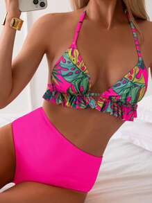 Swim Lushoire Women's Printed Triangle Top Bikini Set With High Waist Solid Color Bottoms For Summer Beach Vacation - Hot Pink - View 3