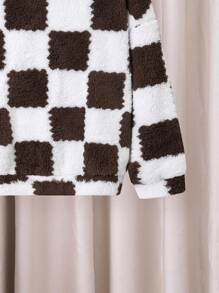 Tween Boy 2pcs Checkerboard Pattern Drop Shoulder Teddy Hoodie & 1pc Pants