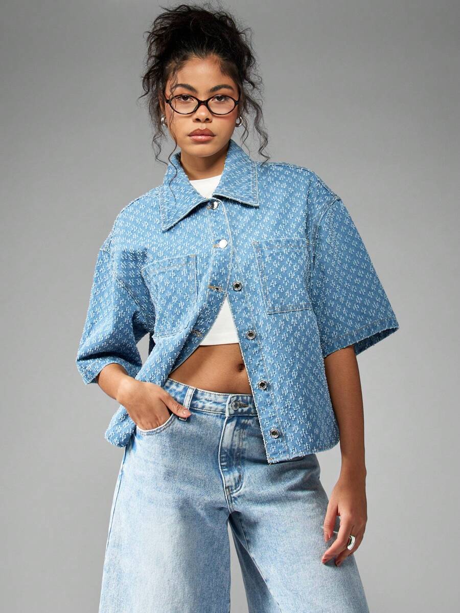 MISSGUIDED Oversized Denim Jacket Y2K Monogram Print Button Down Short Sleeve Crop Top Streetwear Fashion Spring Summer Light Weight Designer Style - Light Wash - View 1