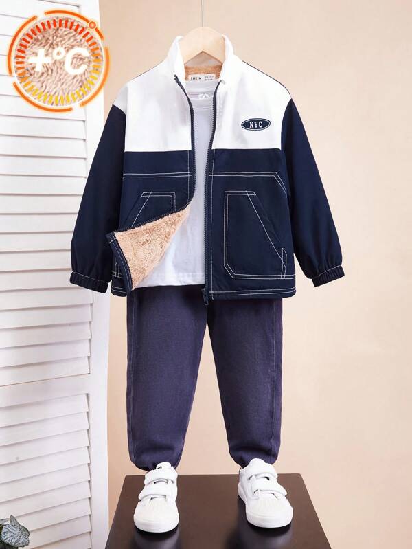 SHEIN 1 buc. Jachetă cu glugă în bloc de culoare confortabilă și la modă, în stil colegial, pentru băieți, potrivită pentru bomber, varsity, jachete Y2K, înapoi la școală, ținute zilnice, sport, toamnă/iarnă