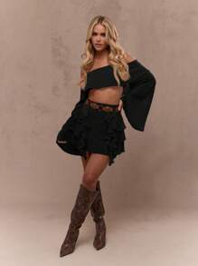 MISSGUIDED Designer Ruffle Mini Skirt Festival Boho Chic Party Evening Summer Beach Holiday Occasion Flowy - Black - View 4