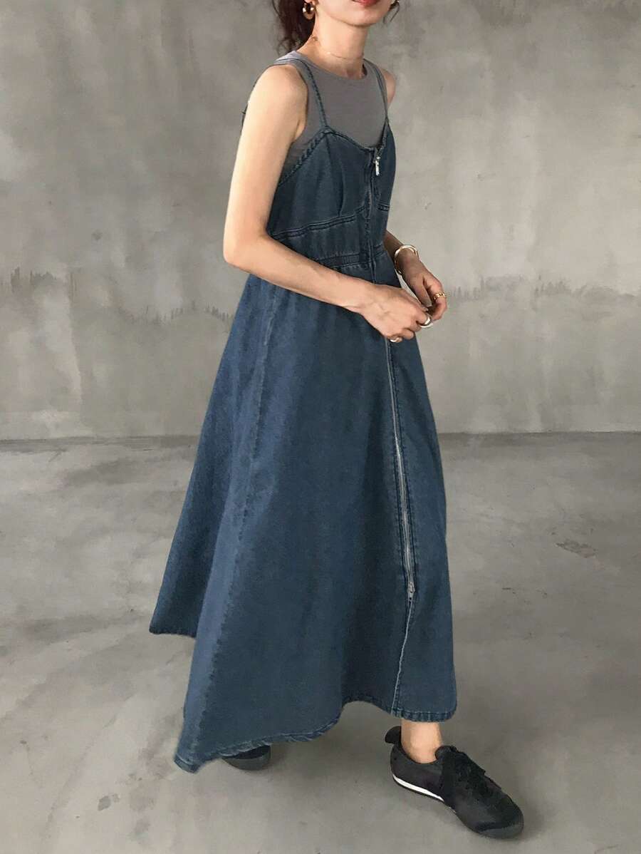 FRIFUL 女士休闲水洗拉链牛仔连身裤 - 中等水洗藍 - 查看 1