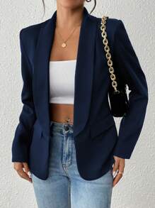 SHEIN PETITE Versatile Simple Solid Color Shawl Collar Casual Blazer Fall Cloth For Women - Navy Blue - View 3