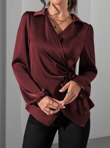 EMERY ROSE Women's Shiny Fabric Shirt With Side Tie And Puff Sleeve, Versatile And Stylish Fall Cloth For Women - Burgundy - View 3