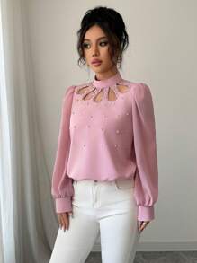 Modelyn 女士宽松泡泡珠领撞色材质拼接长袖衬衫 - 粉色 - 查看 3