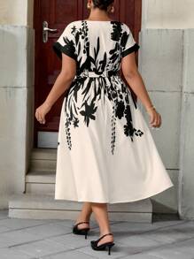 Easura 优雅休闲圆领蝴蝶结花卉印花连衣裙，适合夏季通勤