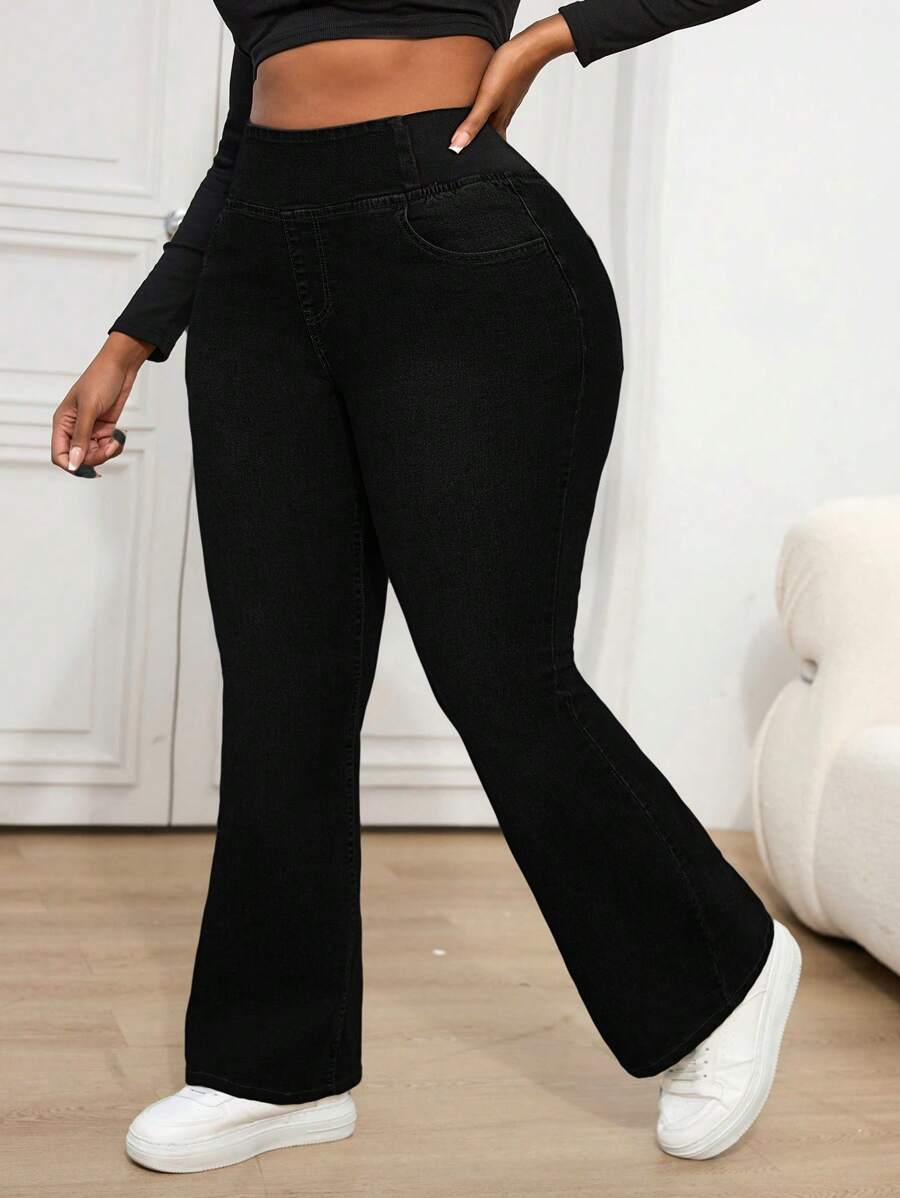 Dripcurv Plus Size Sexy Skinny Stretch Flare Leg Jeans, Blue, Fall Women Clothes - Black - View 1