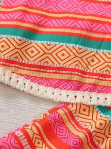 2pcs Set: Young Girls Summer Pattern Digital Print Soft Cami Top With Fringe Trim And Elastic Waist Asymmetrical Hem Flare Leg Pants Set. Getaway, Holiday, Travel, Relax, Sunbathing, Summer - Red - View 3