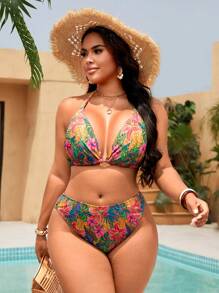 Swim Vcay Conjunto de bikini de escote halter con estampado de plantas tropicales para mujer de talla grande, casual para vacaciones