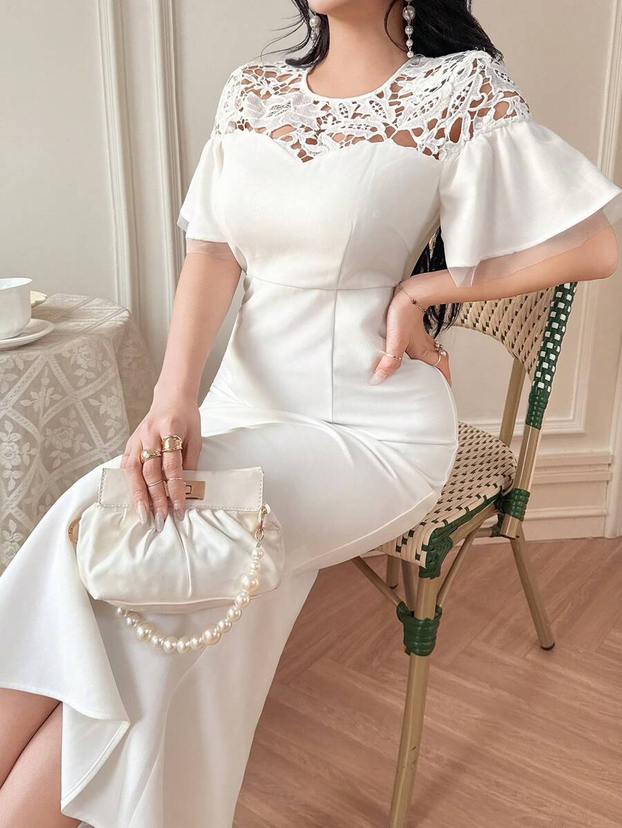 DAZY New Summer Elegant Lace Patchwork Midi Dress For Women,Ruffle Wedding Women Dresses - White - View 1
